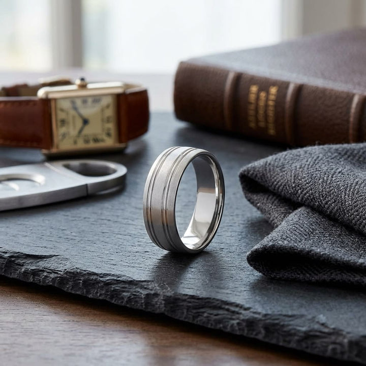 7mm Satin Finish Parallel Groove Carved Wedding Band in 18K White Gold, on walnut surface with pocket square