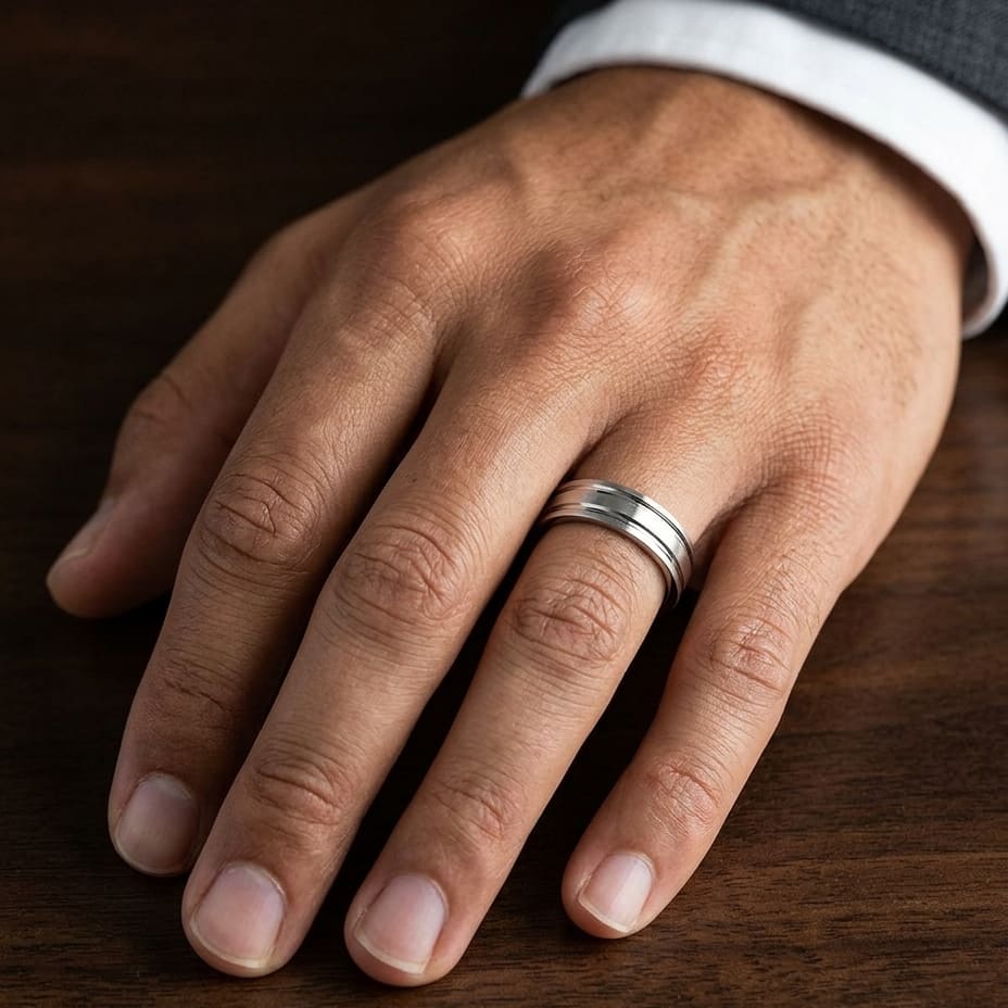 6mm Satin Finish Parallel Groove Carved Wedding Band in 18K White Gold, worn on hand, masculine close-up