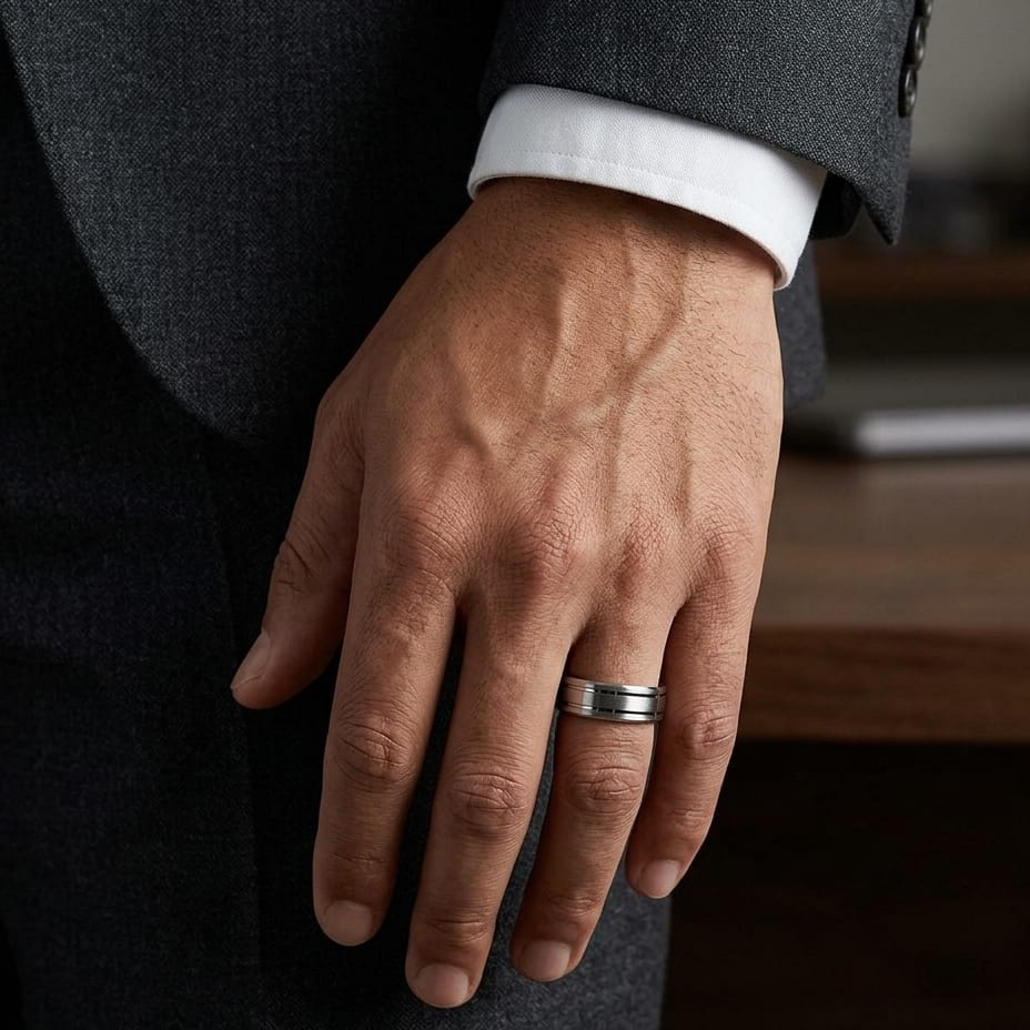 6mm Satin Finish Parallel Groove Carved Wedding Band in 18K White Gold, worn on hand, masculine full view