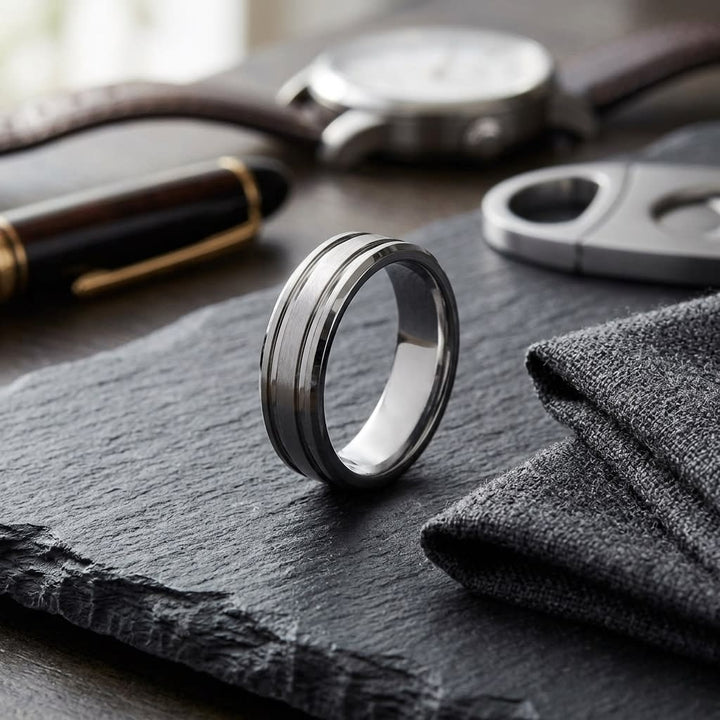 6mm Satin Finish Parallel Groove Carved Wedding Band in 18K White Gold, on walnut surface with pocket square