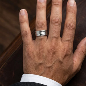 8mm Satin Finish Parallel Groove Carved Wedding Band in 18K White Gold, worn on hand, masculine close-up