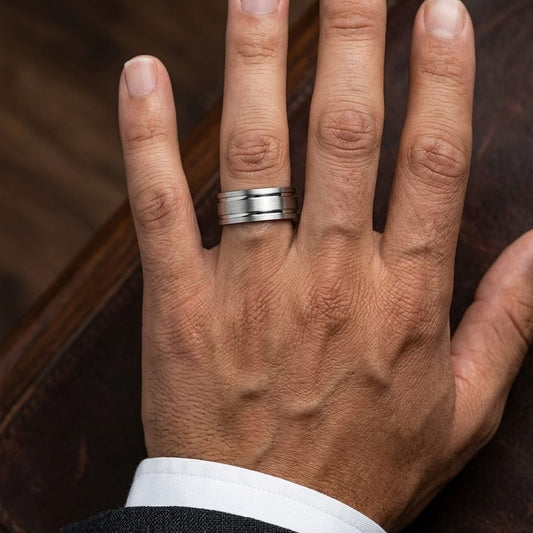8mm Satin Finish Parallel Groove Carved Wedding Band in 18K White Gold, worn on hand, masculine close-up