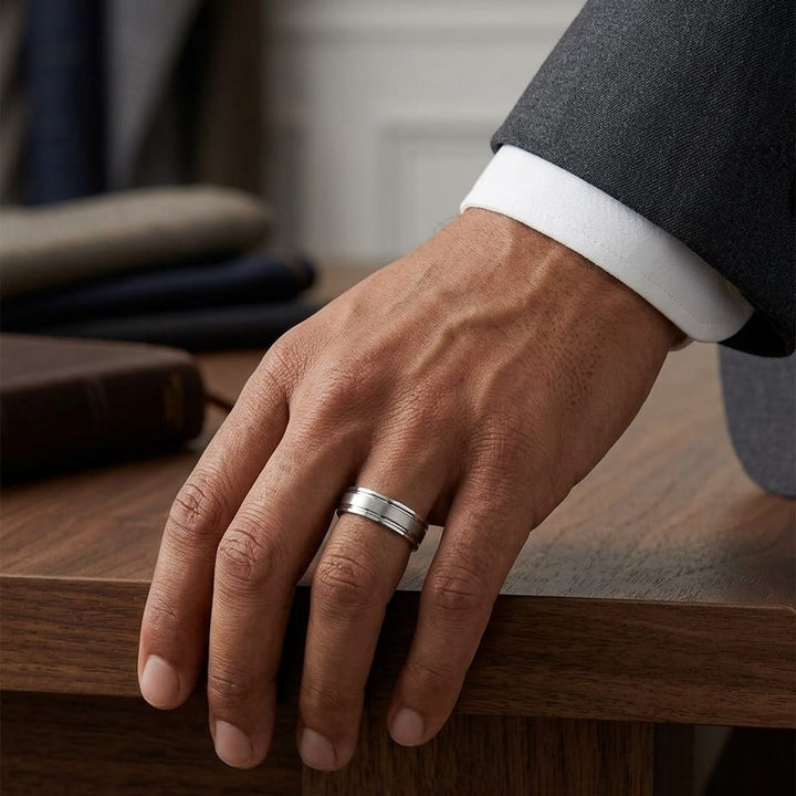 7mm Satin Finish Parallel Groove Carved Wedding Band in 18K White Gold, worn on hand, masculine full view