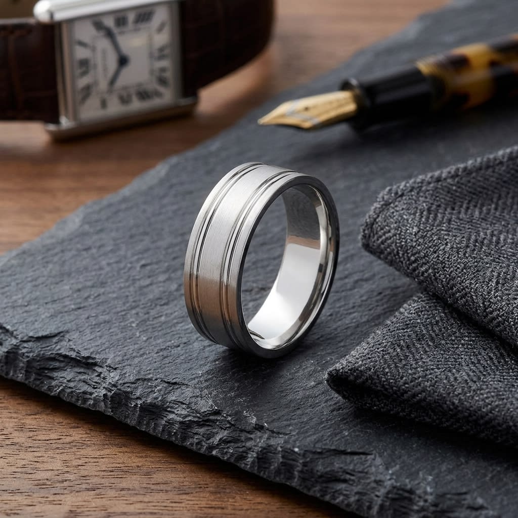 7mm Satin Finish Parallel Groove Carved Wedding Band in 18K White Gold, on walnut surface with pocket square