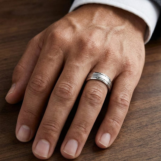 6mm Satin Finish High Polished Beveled Edge Carved Wedding Band in 18K White Gold, worn on hand, masculine close-up