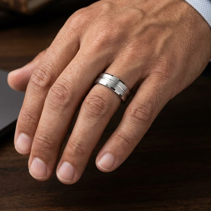 6mm Satin Finish Carved Wedding Band in 18K White Gold, worn on hand, masculine close-up