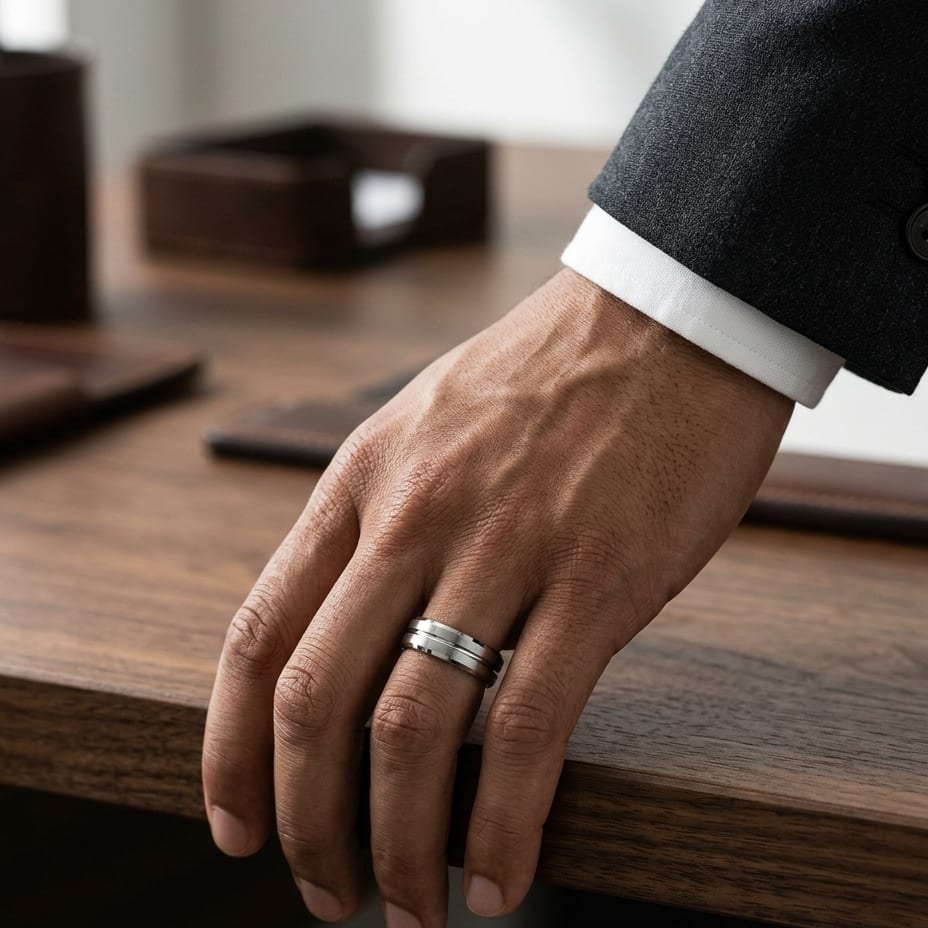 6mm Satin Finish Carved Wedding Band in 18K White Gold, worn on hand, masculine full view