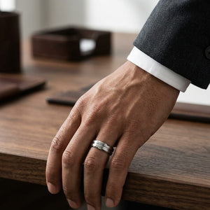 6mm Satin Finish Carved Wedding Band in 18K White Gold, worn on hand, masculine full view