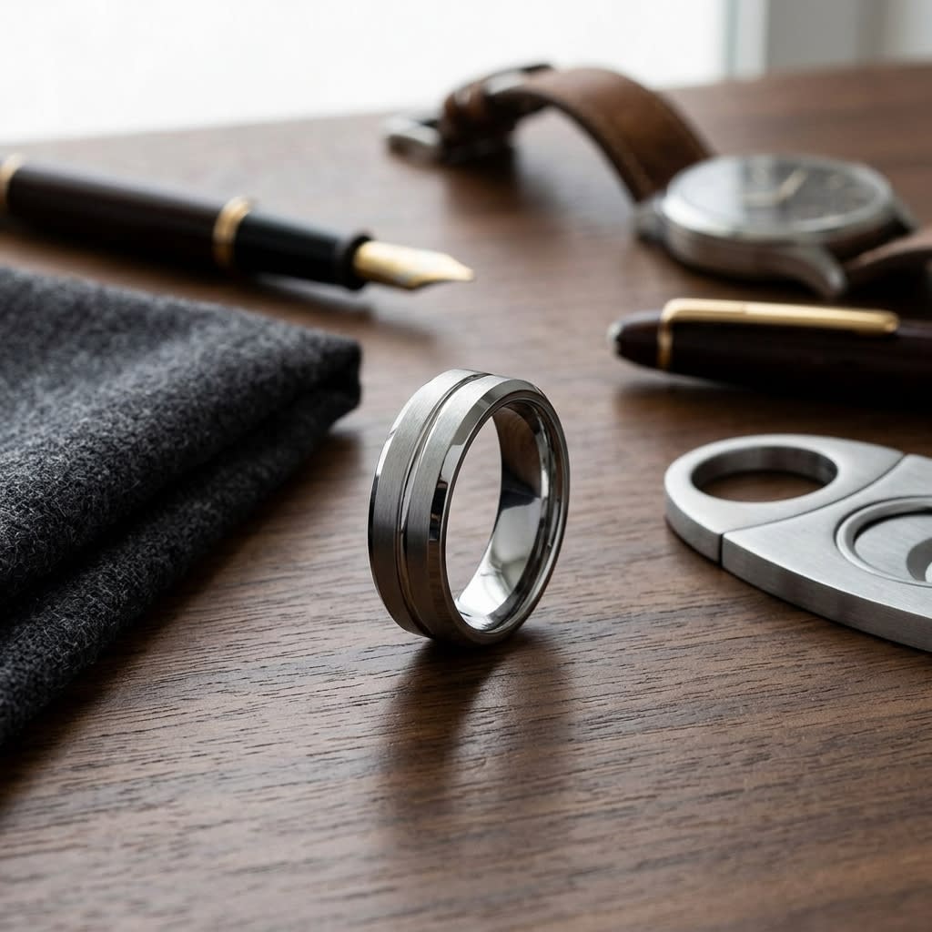 6mm Satin Finish Carved Wedding Band in 18K White Gold, on walnut surface with pocket square