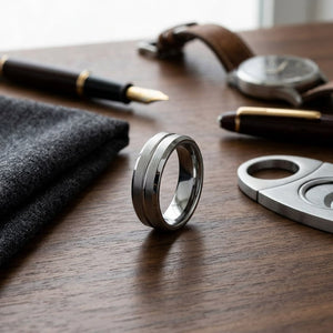 6mm Satin Finish Carved Wedding Band in 18K White Gold, on walnut surface with pocket square