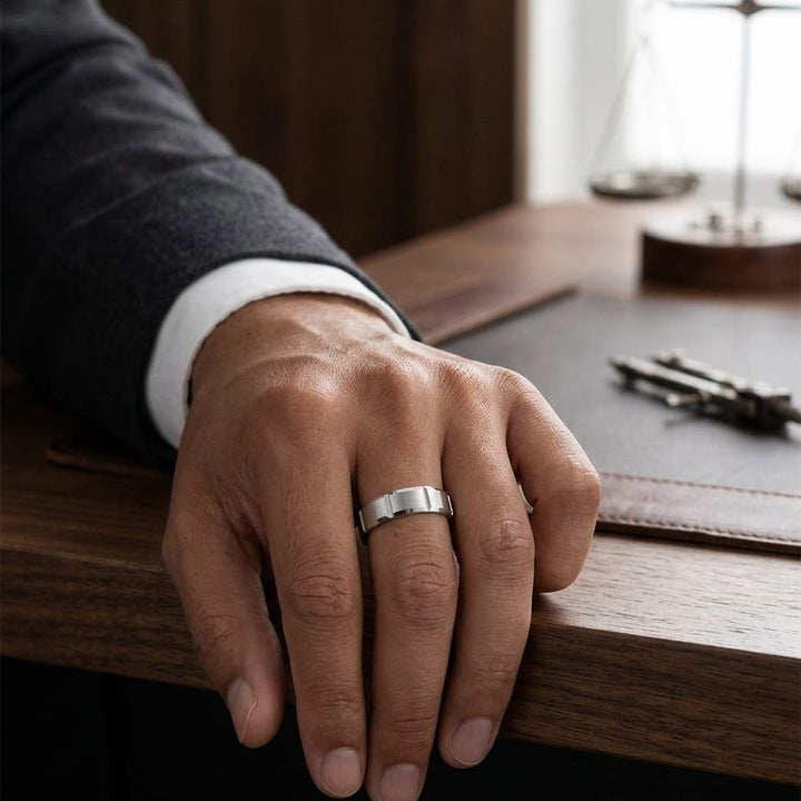 6mm Satin Finish Grooves Carved Wedding Band in 18K White Gold, worn on hand, masculine full view