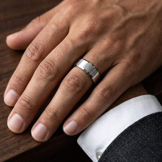 8mm Satin Finish Grooves Carved Wedding Band in 18K White Gold, worn on hand, masculine close-up