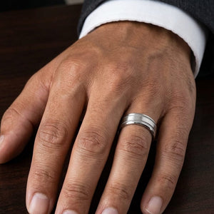 7.5mm Satin Finish Rope Carved Wedding Band in 18K White Gold, worn on hand, masculine close-up