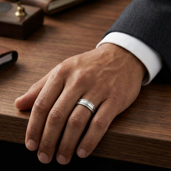 6mm High Polish Milgrain Round Edge Carved Wedding Band in 18K White Gold, worn on hand, masculine full view