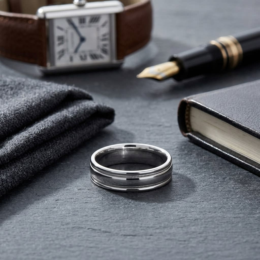 6mm High Polish Milgrain Round Edge Carved Wedding Band in 18K White Gold, on walnut surface with pocket square