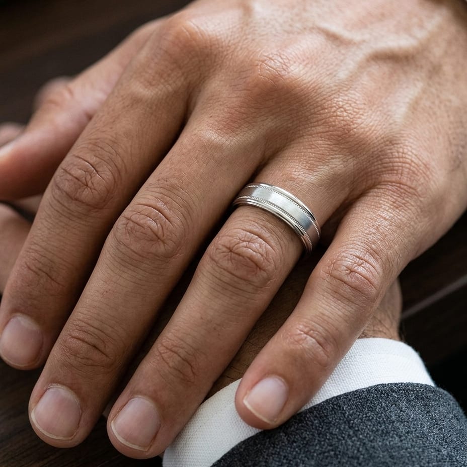 6mm Satin Finish Milgrain Round Edge Carved Wedding Band in 18K White Gold, worn on hand, masculine close-up