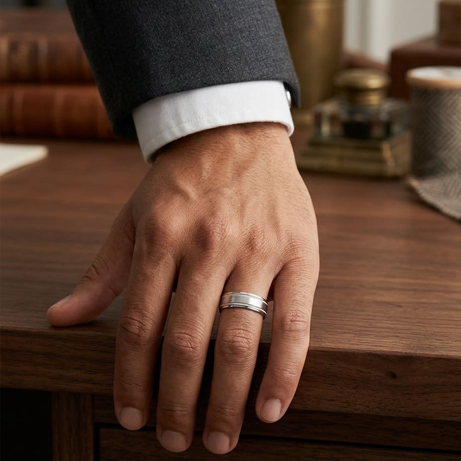 6mm Satin Finish Milgrain Round Edge Carved Wedding Band in 18K White Gold, worn on hand, masculine full view