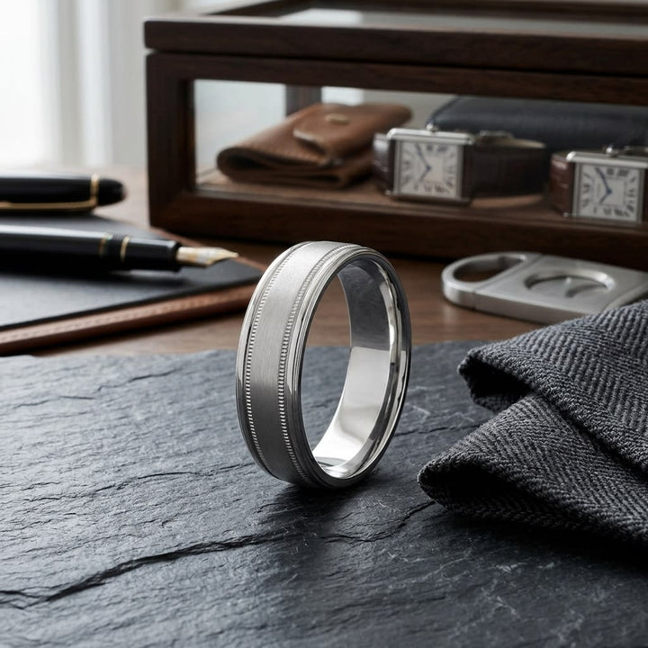 6mm Satin Finish Milgrain Round Edge Carved Wedding Band in 18K White Gold, on walnut surface with pocket square