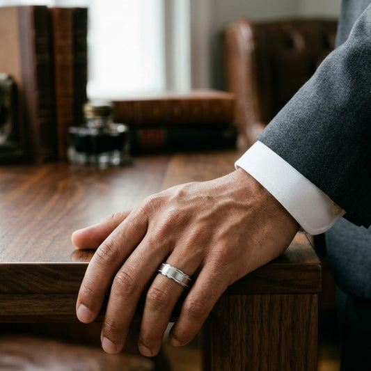 8mm Satin Finish Milgrain Round Edge Carved Wedding Band in 18K White Gold, worn on hand, masculine full view