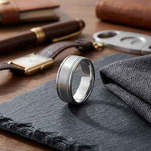 8mm Satin Finish Milgrain Round Edge Carved Wedding Band in 18K White Gold, on walnut surface with pocket square