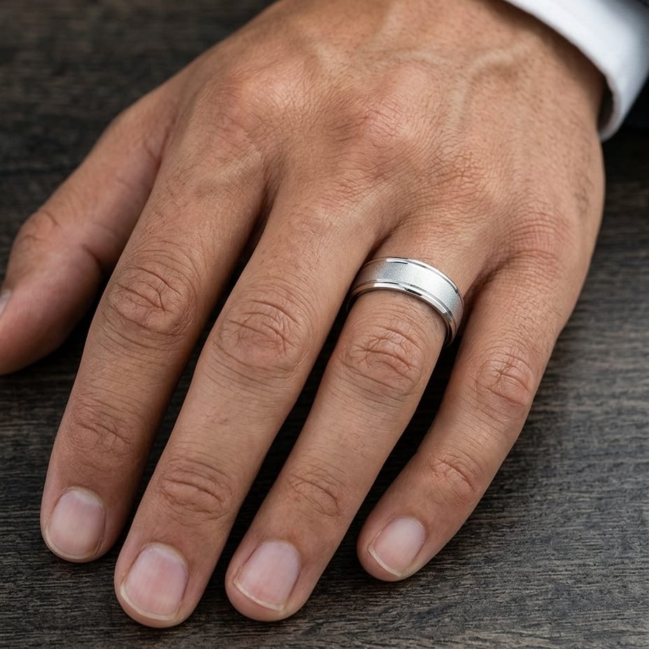 6mm Wired Finish High Polished Round Edge Carved Wedding Band in 18K White Gold, worn on hand, masculine close-up