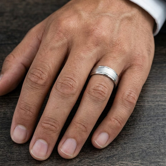 6mm Wired Finish High Polished Round Edge Carved Wedding Band in 18K White Gold, worn on hand, masculine close-up