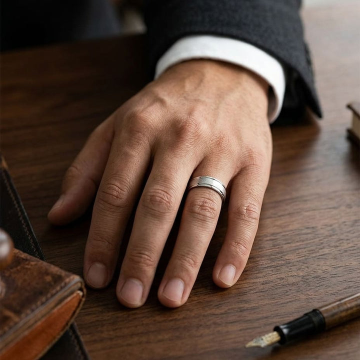 6mm Wired Finish High Polished Round Edge Carved Wedding Band in 18K White Gold, worn on hand, masculine full view
