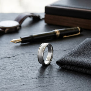 6mm Wired Finish High Polished Round Edge Carved Wedding Band in 18K White Gold, on walnut surface with pocket square