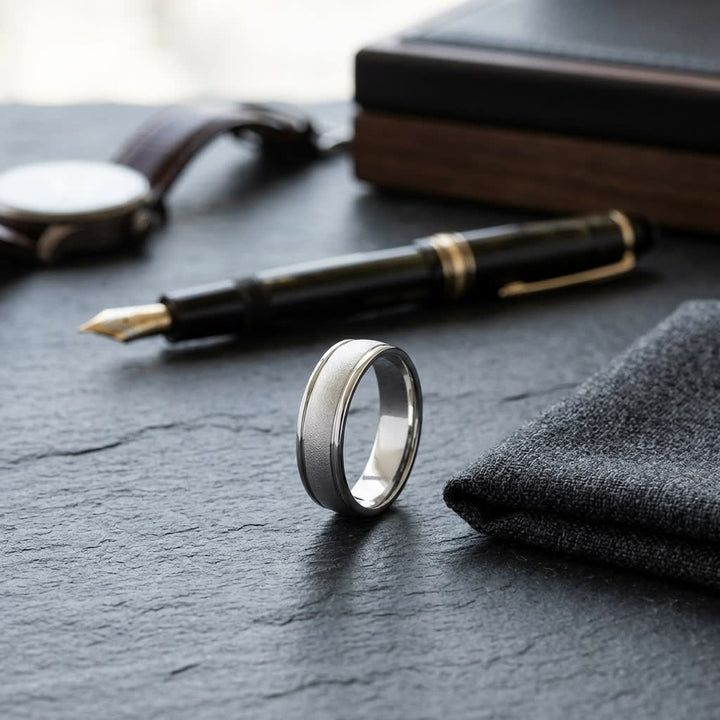 6mm Wired Finish High Polished Round Edge Carved Wedding Band in 18K White Gold, on walnut surface with pocket square