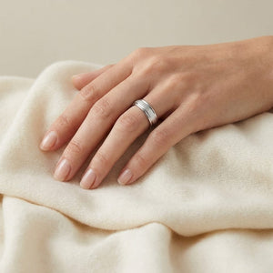 4mm Wired Finish High Polished Round Edge Carved Wedding Band in 18K White Gold, worn on hand, full view