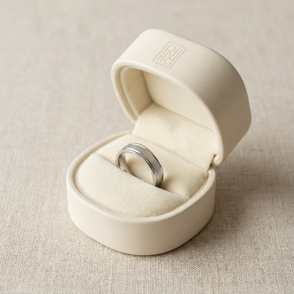 4mm Wired Finish High Polished Round Edge Carved Wedding Band in 18K White Gold, in navy velvet jewelry box