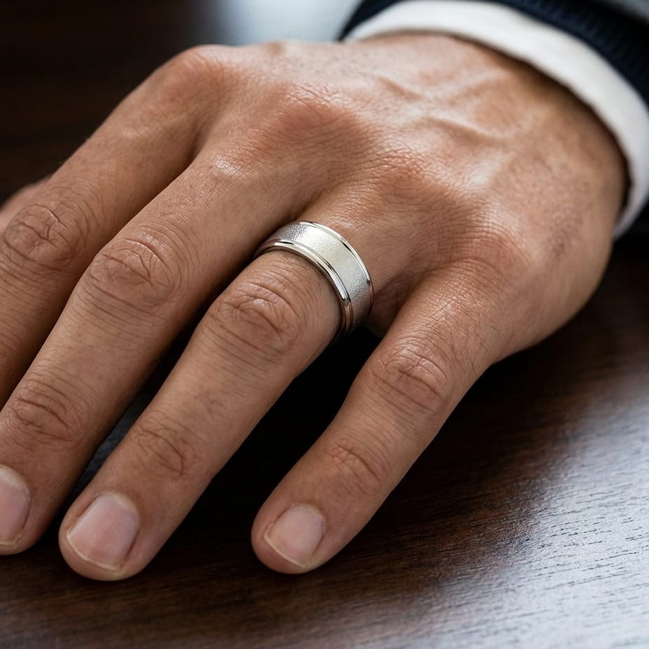 8mm Wire Brush High Polished Round Edge Carved Wedding Band in 18K White Gold, worn on hand, masculine close-up