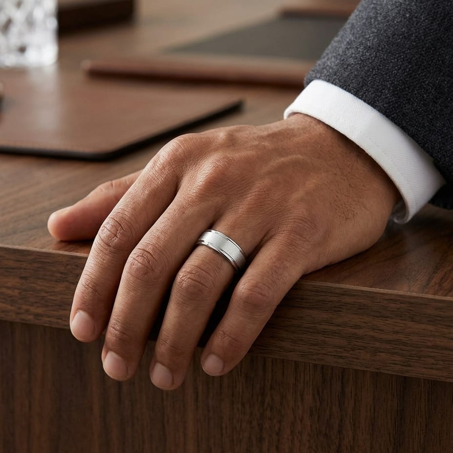 8mm Wire Brush High Polished Round Edge Carved Wedding Band in 18K White Gold, worn on hand, masculine full view