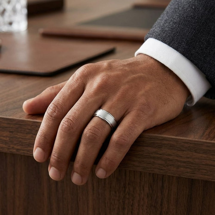 8mm Wire Brush High Polished Round Edge Carved Wedding Band in 18K White Gold, worn on hand, masculine full view