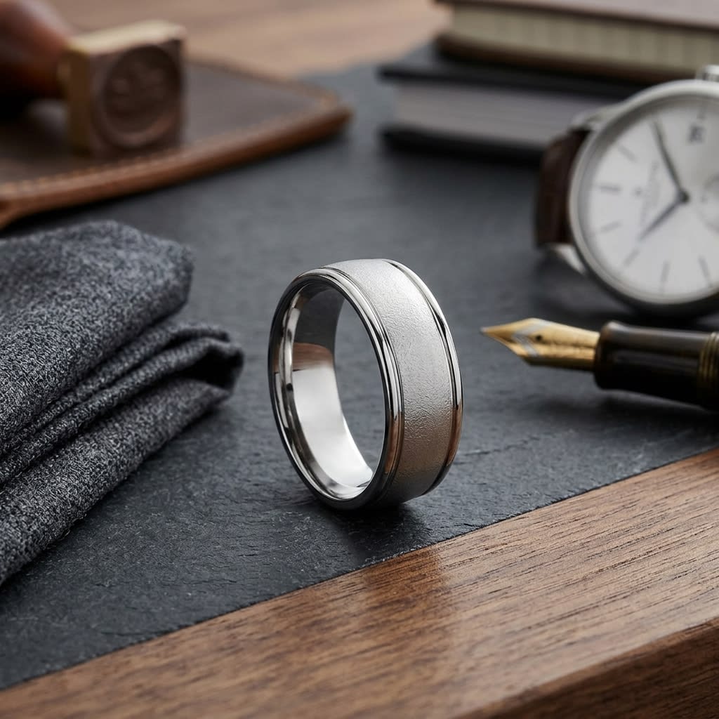 8mm Wire Brush High Polished Round Edge Carved Wedding Band in 18K White Gold, on walnut surface with pocket square