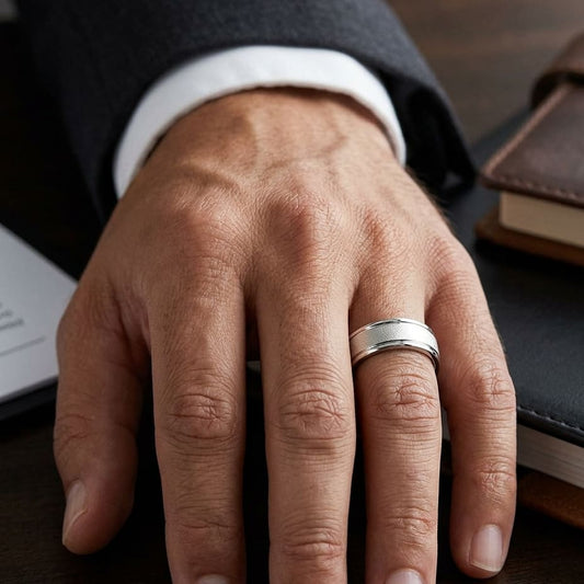 7mm Wired Finish High Polished Round Edge Carved Wedding Band in 18K White Gold, worn on hand, masculine close-up
