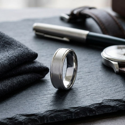 7mm Satin Finish High Polished Round Edge Carved Wedding Band in 18K White Gold, on walnut surface with pocket square
