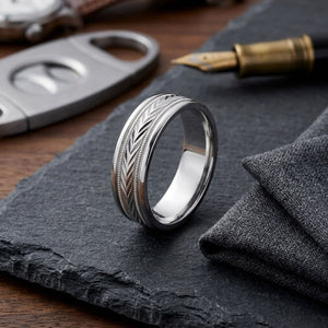 6mm Comfort-Fit Wedding Band in 18K White Gold, on walnut surface with pocket square