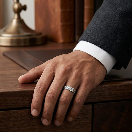 6mm Satin Finish High Polished Center Trim Carved Wedding Band in 18K White Gold, worn on hand, masculine full view