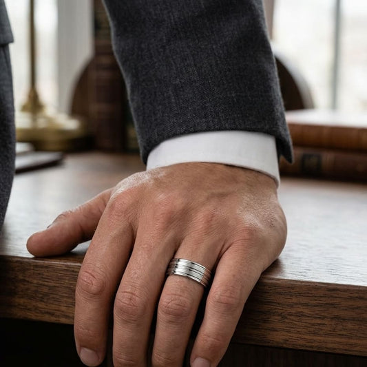 8mm Satin Finish High Polished Center Trim Carved Wedding Band in 18K White Gold, worn on hand, masculine full view