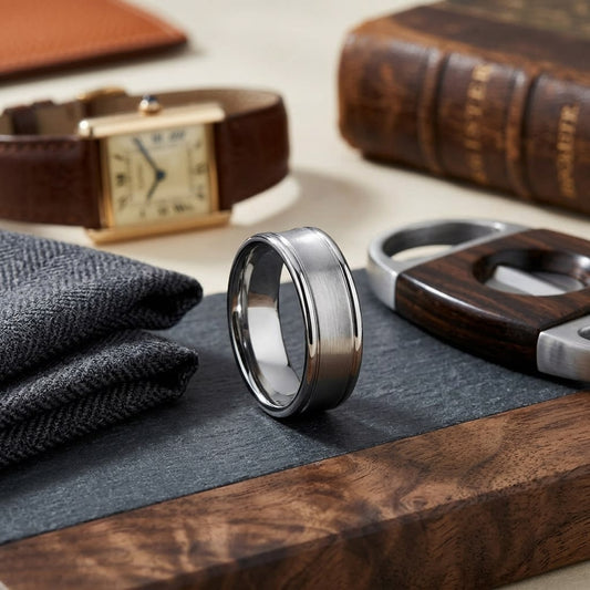 7.5mm Satin Finish High Polished Round Edge Carved Wedding Band in 18K White Gold, on walnut surface with pocket square