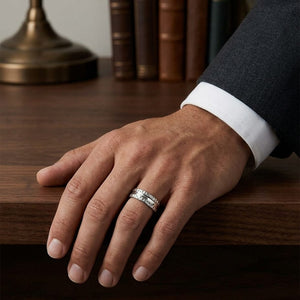 7.5mm Hammered Finish Carved Wedding Band in 18K White Gold, worn on hand, masculine full view