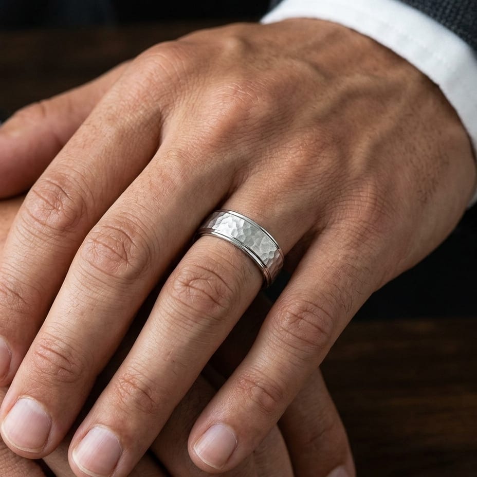 8mm Hammered Finish Carved Wedding Band in 18K White Gold, worn on hand, masculine close-up