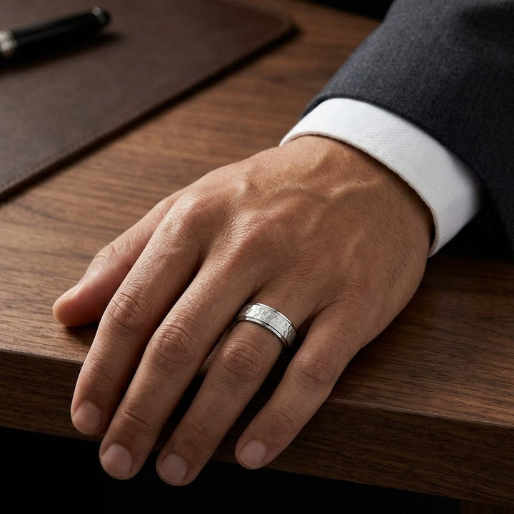 8mm Hammered Finish Carved Wedding Band in 18K White Gold, worn on hand, masculine full view