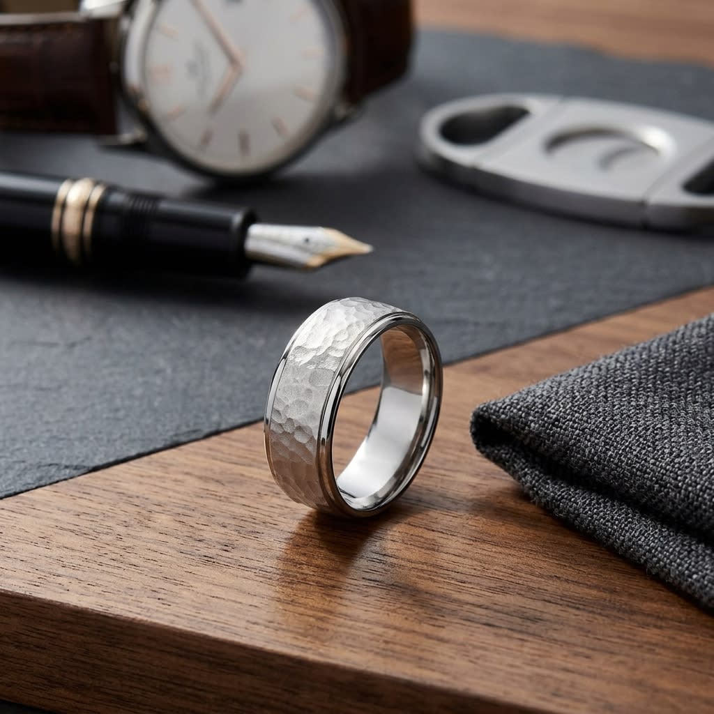 8mm Hammered Finish Carved Wedding Band in 18K White Gold, on walnut surface with pocket square
