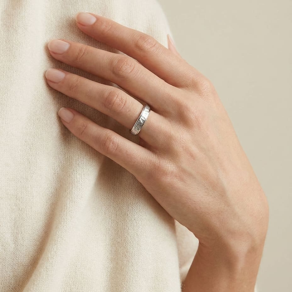 4mm Hammered Finish Carved Wedding Band in 18K White Gold, worn on hand, full view