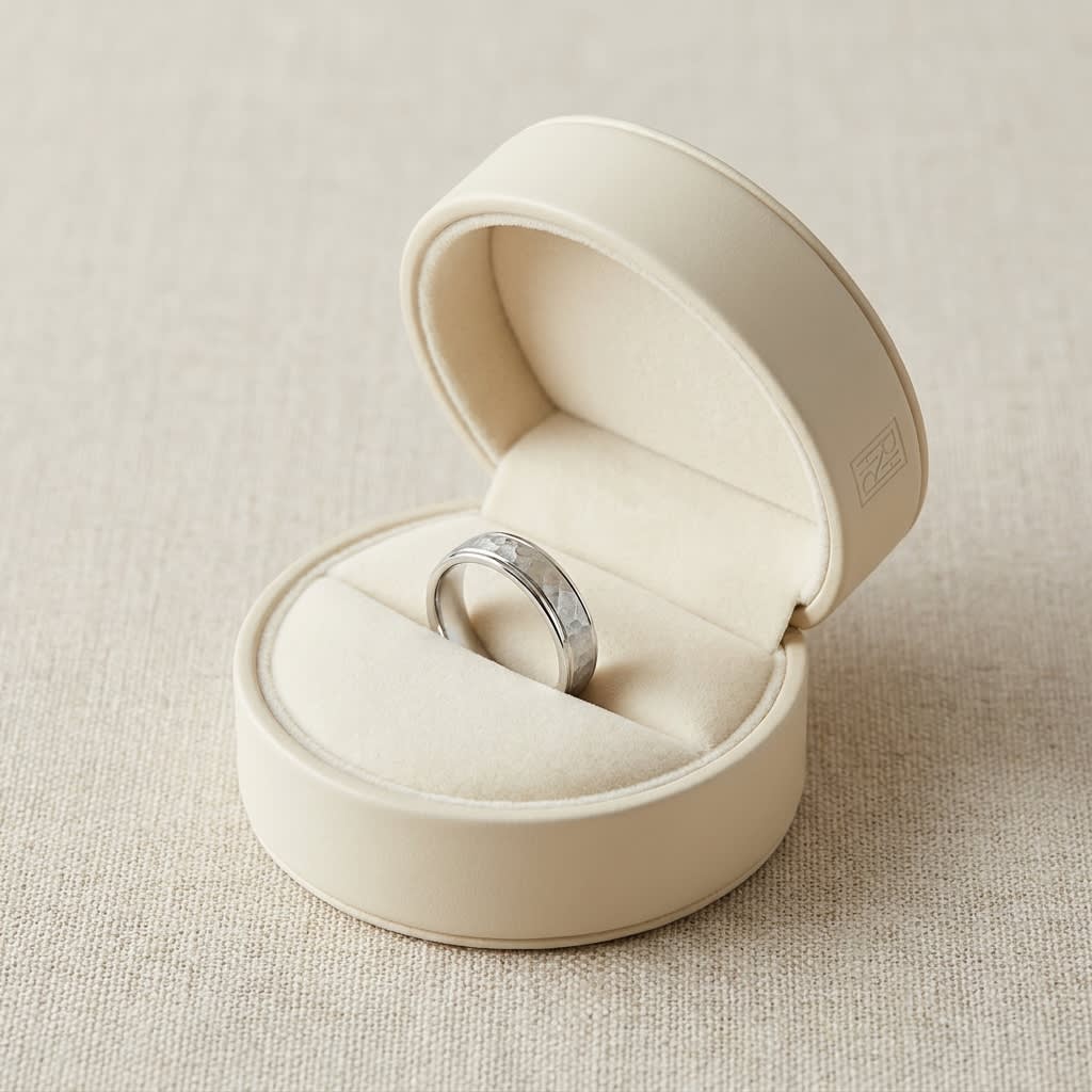 4mm Hammered Finish Carved Wedding Band in 18K White Gold, in navy velvet jewelry box