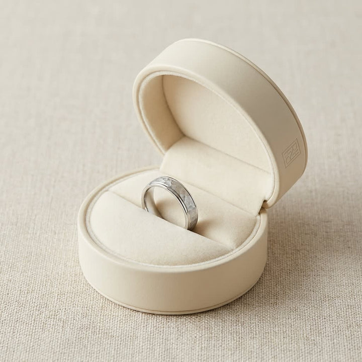 4mm Hammered Finish Carved Wedding Band in 18K White Gold, in navy velvet jewelry box