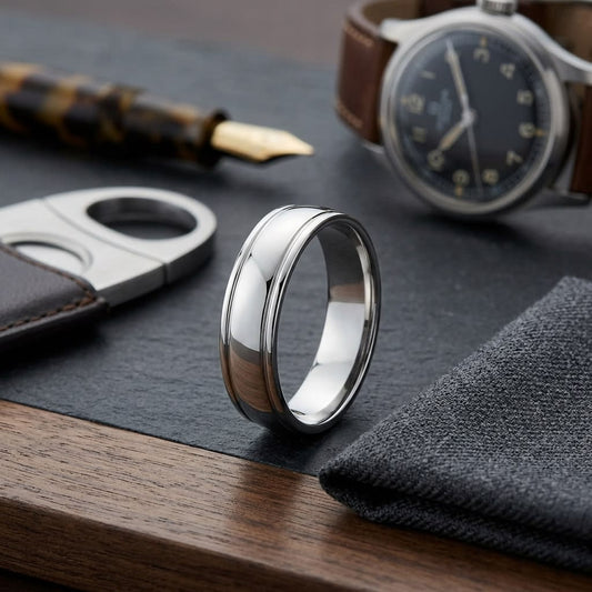 6mm High Polish Round Edge Carved Wedding Band in 18K White Gold, on walnut surface with pocket square