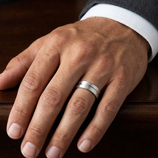 6mm Satin Finish High Polished Center Cut Carved Wedding Band in 18K White Gold, worn on hand, masculine close-up